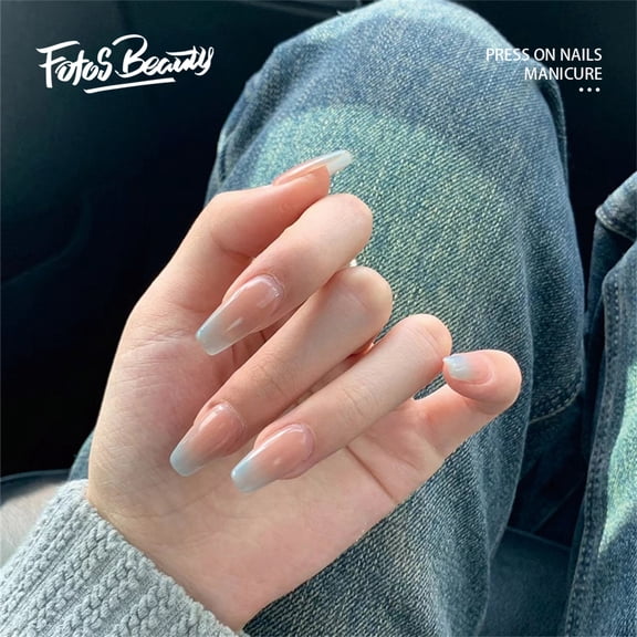 Fofosbeauty 24pcs Press on False Nails Tips, Coffin Fake Nails, Coffin Nude Blue Fade
