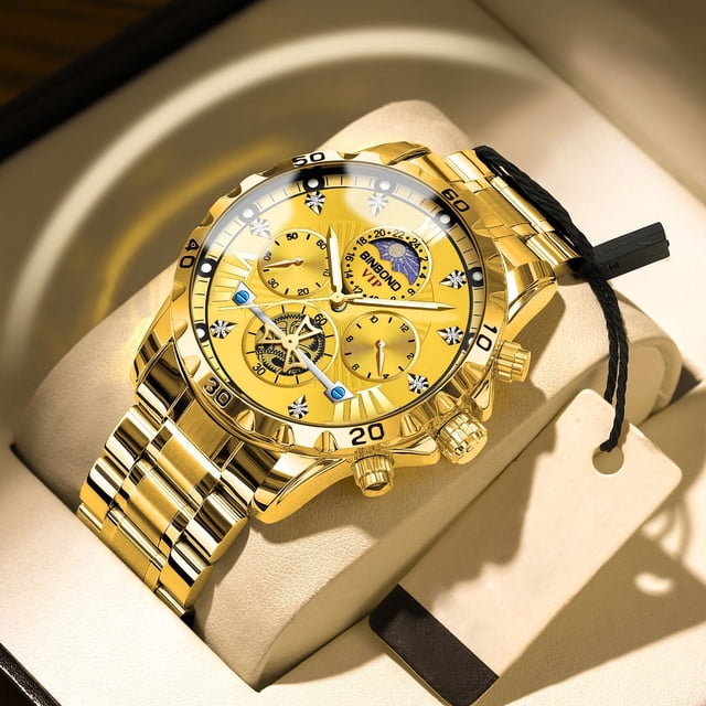 Reloj de Cuarzo Cronógrafo para Hombre, Correa de Acero Bicolor con Fase Lunar Impermeable de 30 M