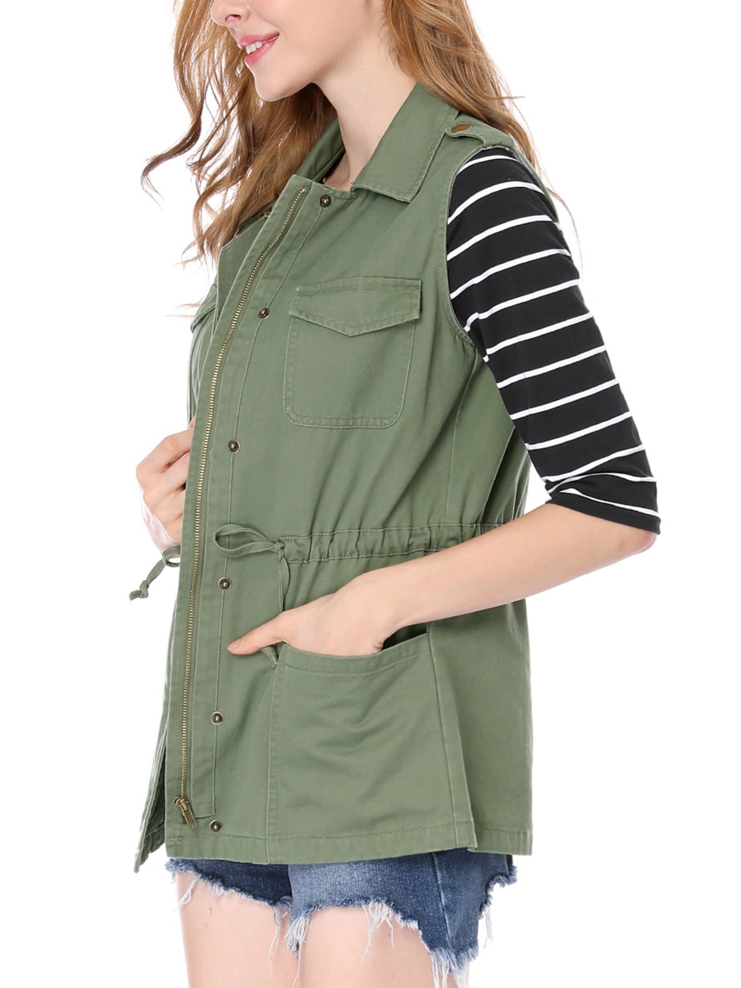 DARING DIVA Women Functional Pockets Drawstring Waist Cargo Vest XL Green
