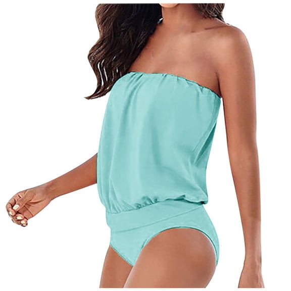Womens Strapless Bandeau One Piece Swimsuits Solid Color Tube Swimwear Sexy Shirring Monokini Tummy Control Bathing Suits Cyan L