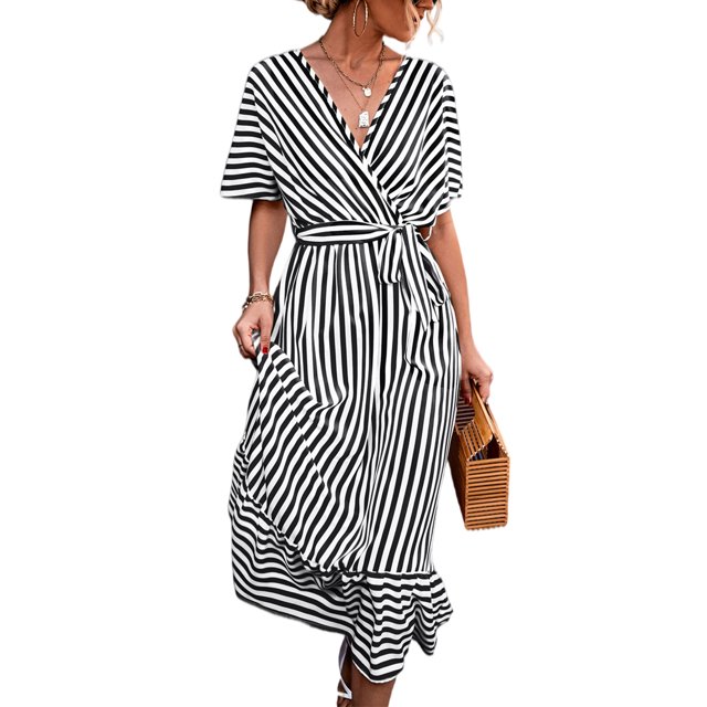 Innerwin Robe Longue Col en V Femme Midi Été Manches Courtes Bohème Robe d'Été Noire TG