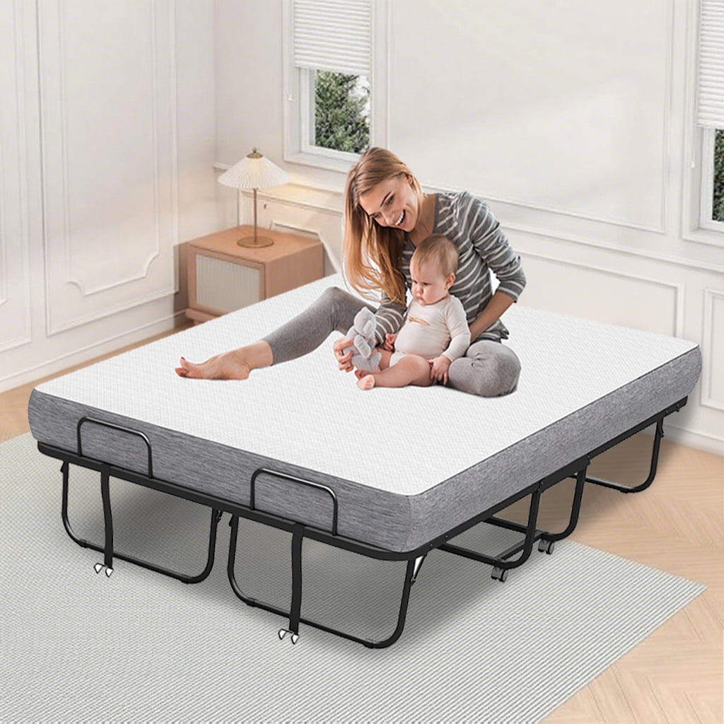 Full Size Folded Bed with Mattress, 75" x 54" Folding Bed for Hospital, Rollaway Bed Guest Bed for Adults with Sturdy Frame