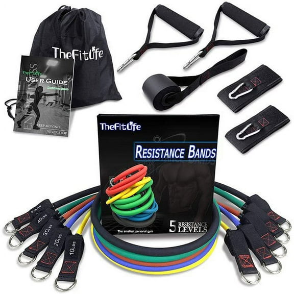 TheFitLife Resistance Bands with Handles - 5 Fitness Workout Bands Stackable up to 150 lbs, Exercise Tubes with Large Handles, Ankle Straps, Door Anchor, Carry Bag(150lbs)