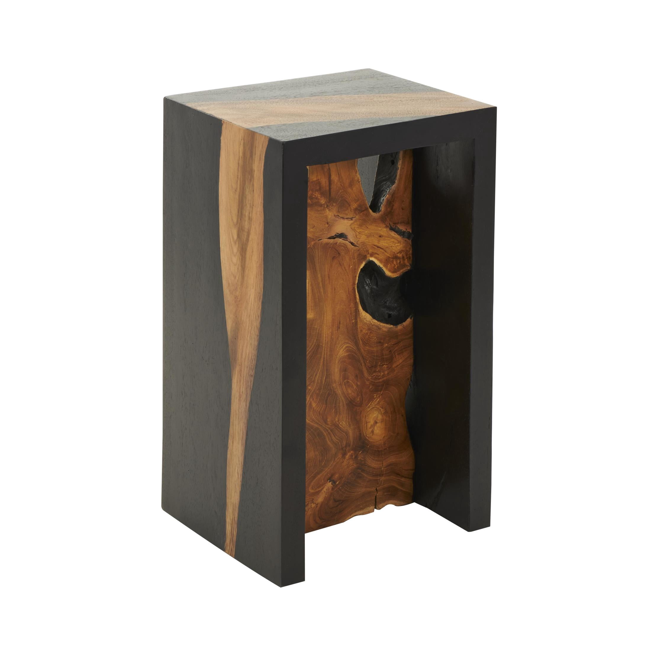 DecMode 14" x 24" Black Wood Handmade Block Accent Table with Brown Live Edge Wood Interior, 1-Piece
