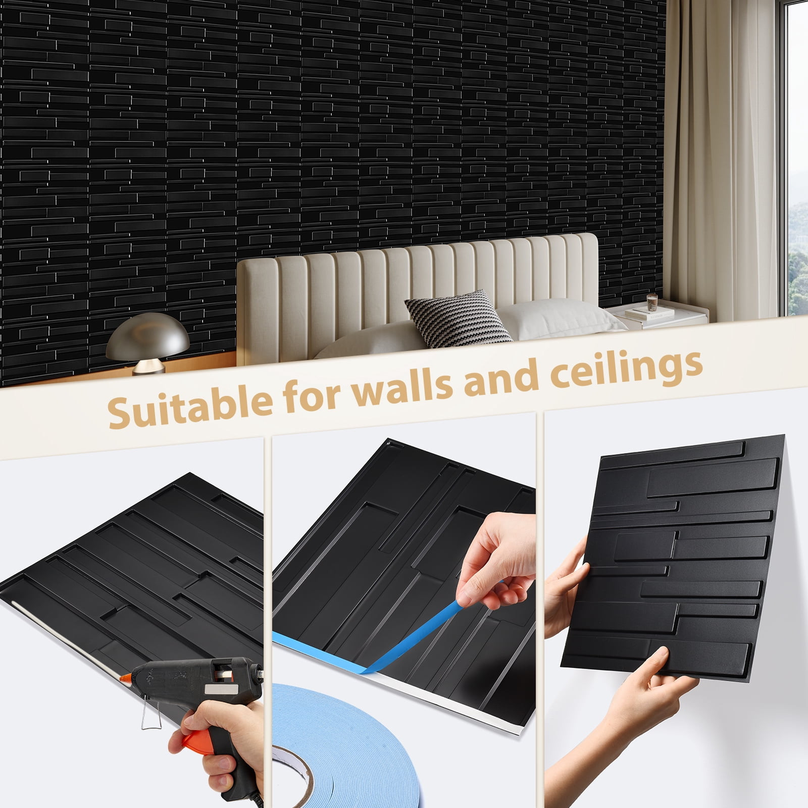30Pack 3D Wall Panels for Interior Wall Dcor Black 11.8"*11.8" Covering Panels, PVC Textured 3D Wall Tile for Living Room, Bedroom DIY Interior Dcor