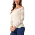 thumbnail image 2 of INSPIRE CHIC Easter Edition Women's Floral Lace Top Off Shoulder Sheer Long Sleeves Blouse S Beige, 2 of 3