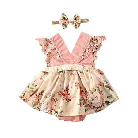 

Girl Floral Print Clothes Set Sleeveless Backless V-neck Romper Headband Summer