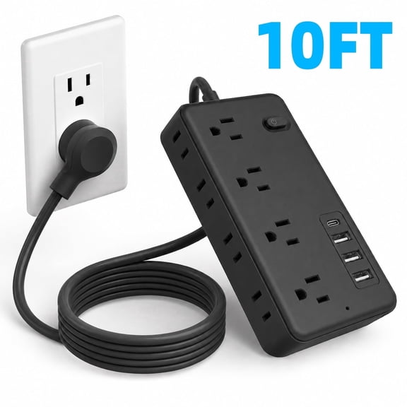 Surge Protector Power Strip, 8 Outlets, 4 Usb Ports, 10 ft Extension Cord with Flat Plug, 1700J, for Home, Office and Dorm, Black