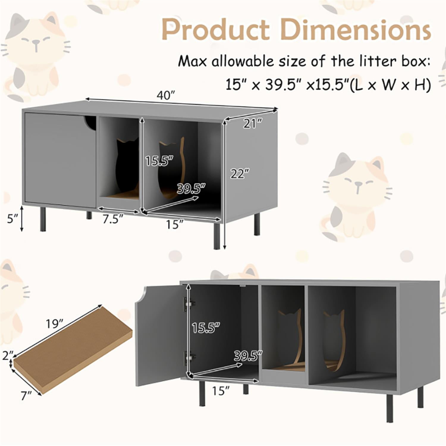 Kadyn 40" Cat Litter Box Enclosure Furniture with Scratching Board, Hidden Litter Box for Cats, Cat House Furniture for Side Table or Nightstand, Gray