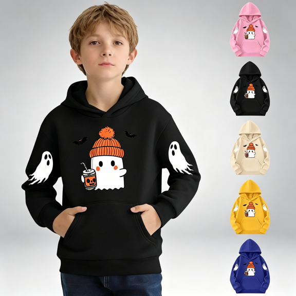 NEBWOAK Kids Boys Girls Halloween Ghost Print Pullover Hoodie Kangaroo Pocket Long Sleeve Fall Outfit Black,Size 3-4T