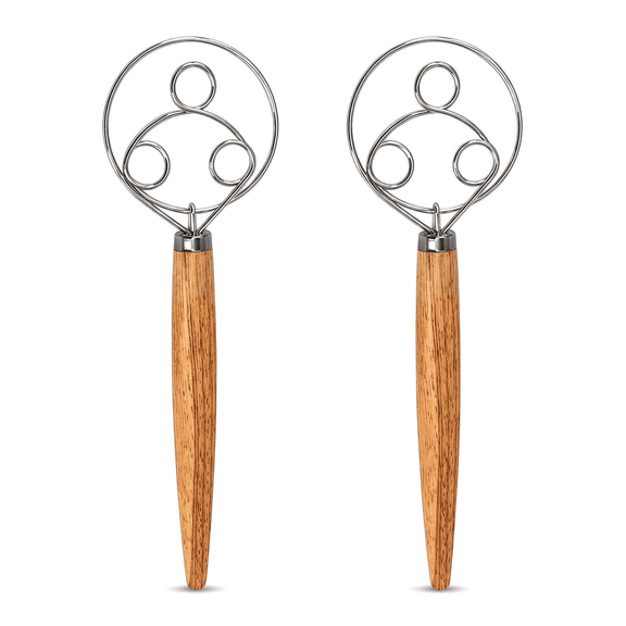 2 Pcs Danish Whisk, Wooden Handle with Stainless Steel Dough Hook – 13-Inch, Traditional Dutch, for Sourdough, Pastry, Cake