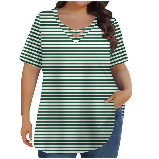 Tops de Manga Corta de Tamaño Más de las Mujeres, Blusas de Cuello en V Impresas de Verano de Moda para Uso Casual, Diario Y de Fiesta