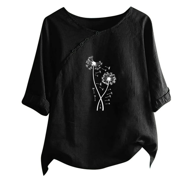 Blusas de Manga Corta para las Mujeres Impreso Cuello Redondo Camiseta, Top de Algodón de Imitación Casual para el Hogar Y Diario