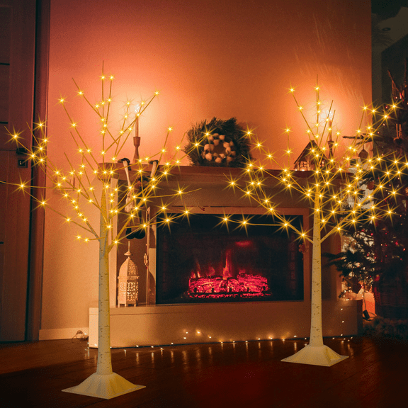 OYEAL 2 pack 4ft Lighted Birch Tree, Plug-in Artificial Twig Tree Lights for Indoor Outdoor Party, Xmas Decorations