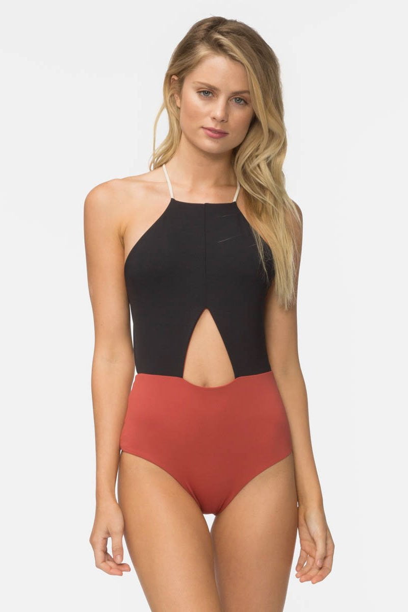 rust colored one piece swimsuit