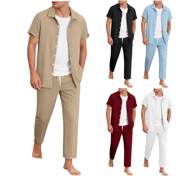 Men's Ribbed Knitted Two Piece Outfit Short Sleeve Button Down Shirt and Drawstring Pants Set Casual Beachwear White