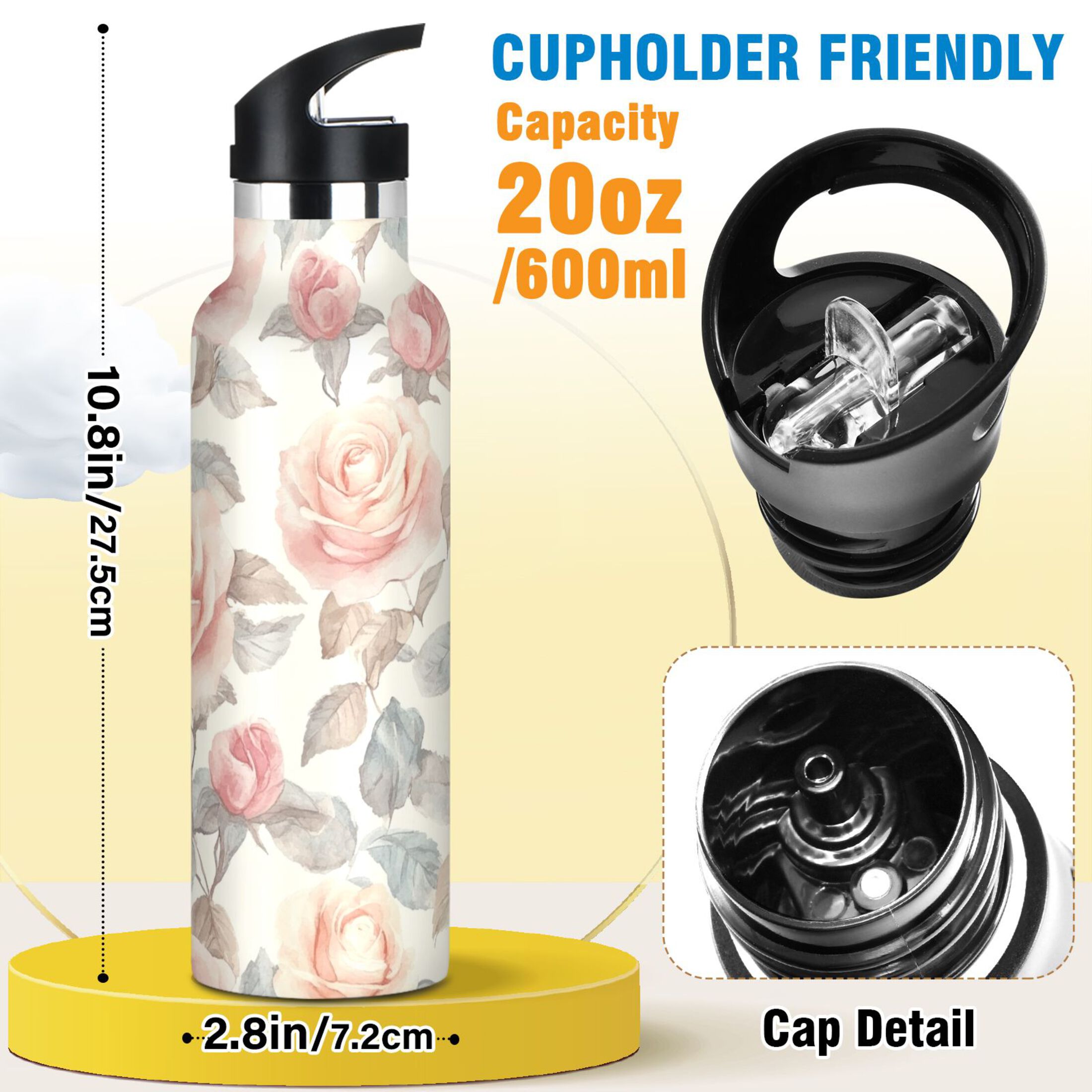 600ML Stainless Steel Insulated Cup Sports Water Bottle Portable Thermos Cup Water Glasses Insulated Tumblers Convenient and Durable Cartoon Coral Roses
