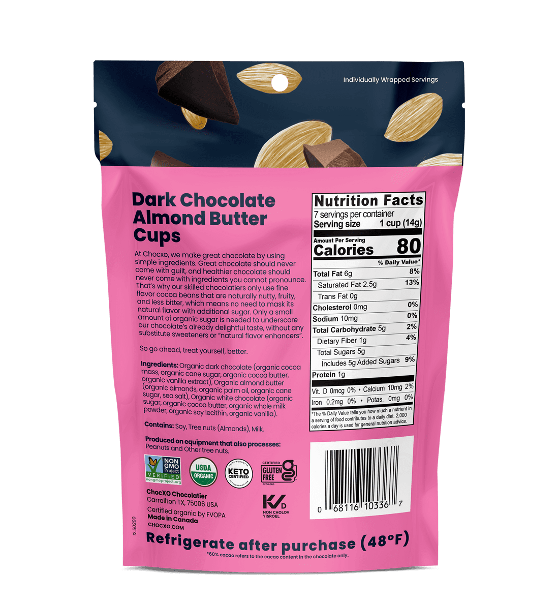 (Pack of 6), ChocXO Dark Chocolate Almond Butter Cups , 3.45 oz