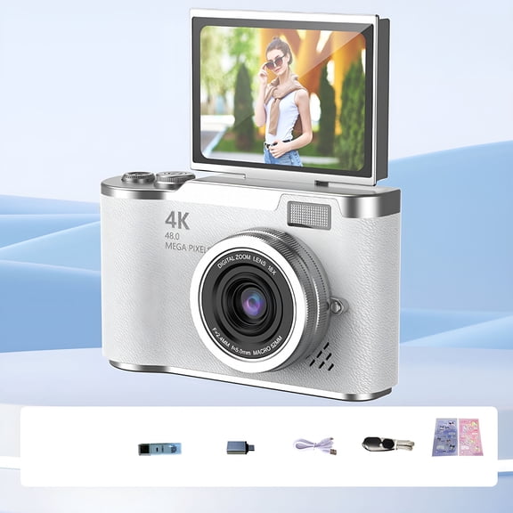 GJX 4K Foldable Screen Student Camera, Portable Fhd 4K 48Mp Point and Digital Camera, 4K Digital Camera with 18X Zoom Anti-Shake with Flip Screen, White