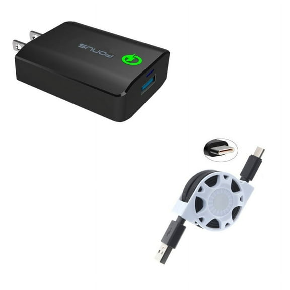 Retractable USB Cable w Fast 18W Home Charger K3Z for Razer Phone 2 - RED Hydrogen One - Samsung Galaxy Tab S3 9.7 S9 Plus, S8  S8, S10e S10 Plus active 5G Note 9 8 A9 A50 - Sonim XP8 XP3