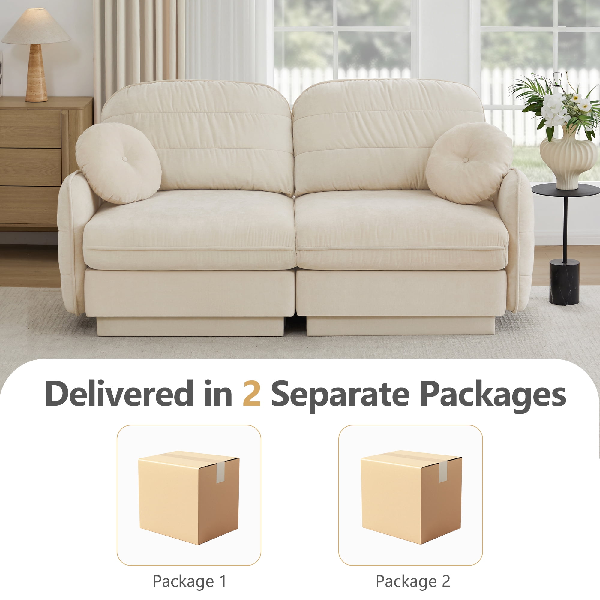 Mintazer Chenille Cloud Loveseat Sofa with 2 Round Pillows, Easy Assembly Ergonomic Design Sofa Couch for Living Room, Bedroom, Cream