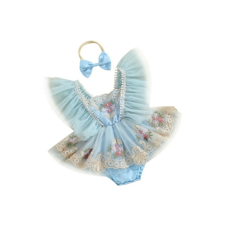 

Thaisu Newborn Girl Outfit Fly Sleeve Embroidery Flower Tulle Patchwork Romper Dress with Bow Hairband Summer Clothes