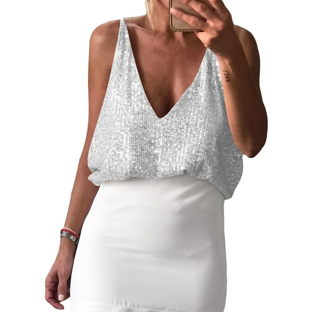 xiaxaixu Débardeurs d'Été Décontractés pour Femmes Sans Manches Col en V Profond à Sequins pour Fête