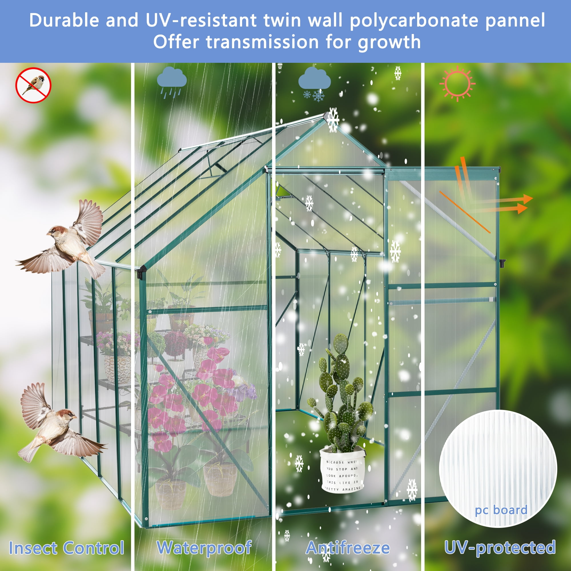 YIYADO 6x10 Ft Greenhouse, Polycarbonate Greenhouse, Elevated Base, Heavy Duty Walk-in Greenhouse for Outdoor Gardens, Backyards, Patios, Lawns, Easy to Assemble