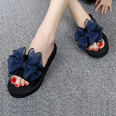 

Aayomet Women s Slippers Women s Summer Bowknot High Heel Fashion Wedge Heel Thick Sole Beach Slippers A 7