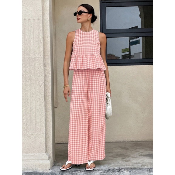 Summer 2 PC Set for Women Crew Neck Cropped Tank Tops with Palazzo Pants Gingham Outfit Set for Everyday Vacation Pink XS