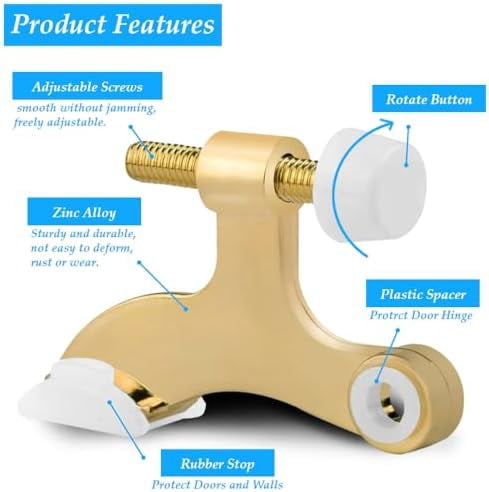 OBTANIM 4 Pack Hinge Pin Door Stopper Heavy Duty Metal Adjustable Door Stops with Rubber Bumper Tips (Gold)