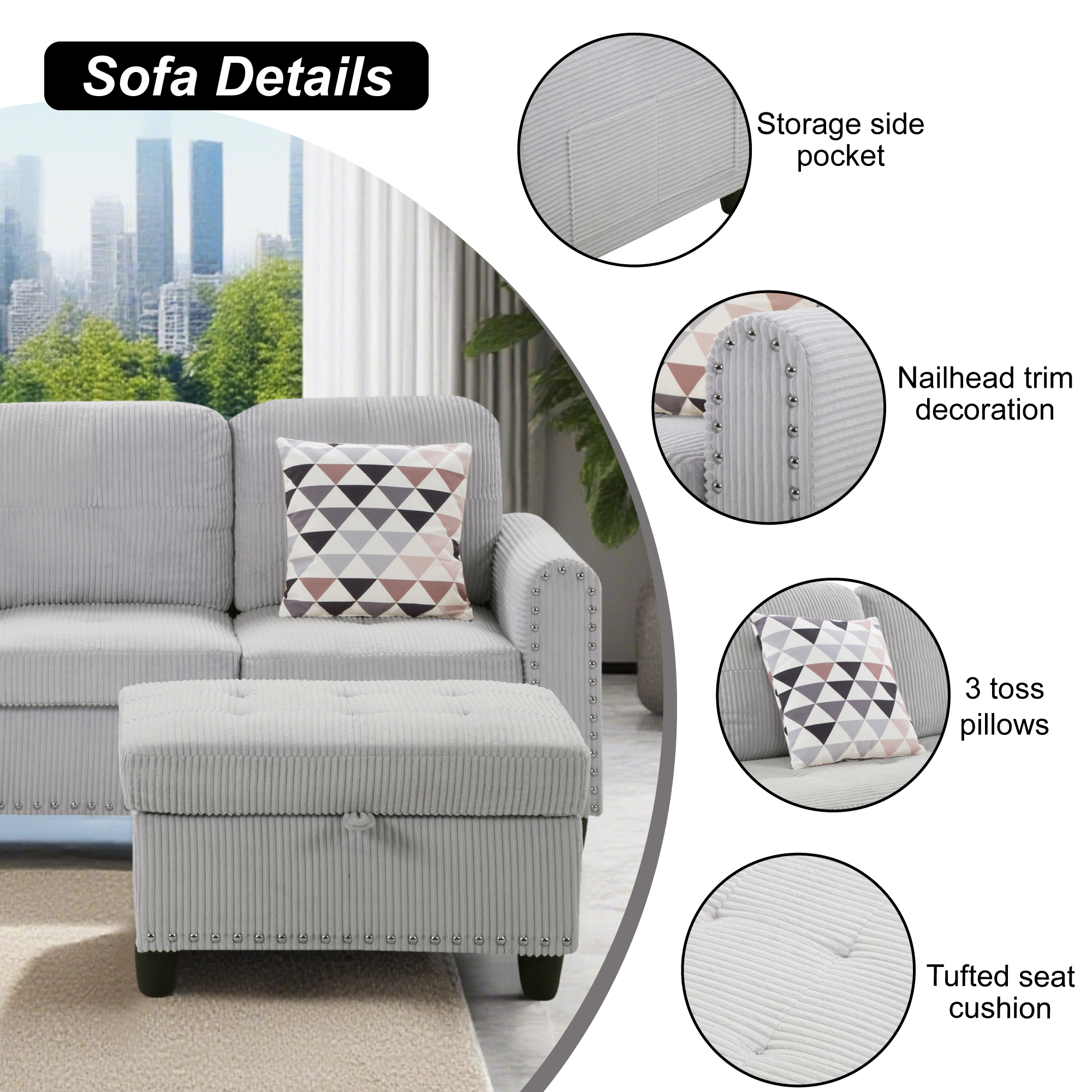 AENKYO 95″ L-Shaped Corduroy Modular Sectional Sofa with Ottoman & Cup Holders – Living Room Couch for Apartments，Light Gray