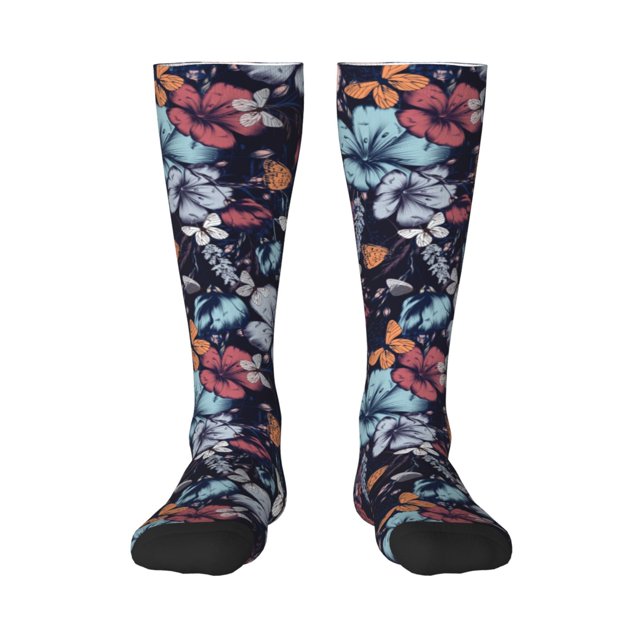 Fotbe Flowers ad Butterflies Calcetas Divertidas Estampadas para Hombre y Mujer, Calcetas de Algodón hasta la Rodilla para Caminar, Correr, Enfermería y Embarazo