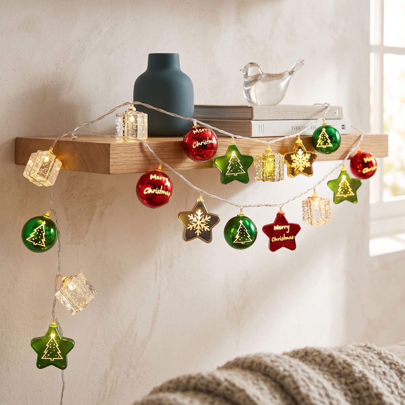 Christmas Ornament String Lights Mixed Shape Hanging Holiday Lighting for Tree Window Mantel Bedroom Living Room and Indoor Seasonal Decor