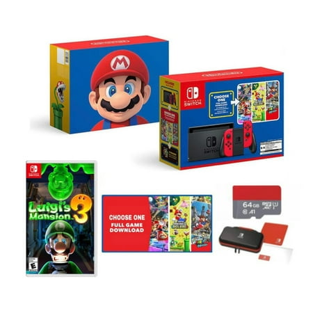 Nintendo Switch Mario Choose One Bundle + Luigi's Mansion 3 Game, Carrying Case & 64GB Memory Card