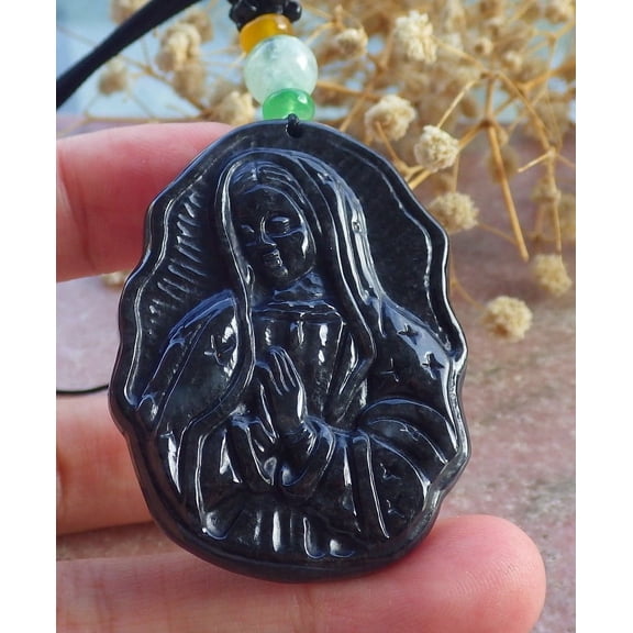 Black Natural A Jade jadeite pendant Virgin Mary Necklace 678900 TN