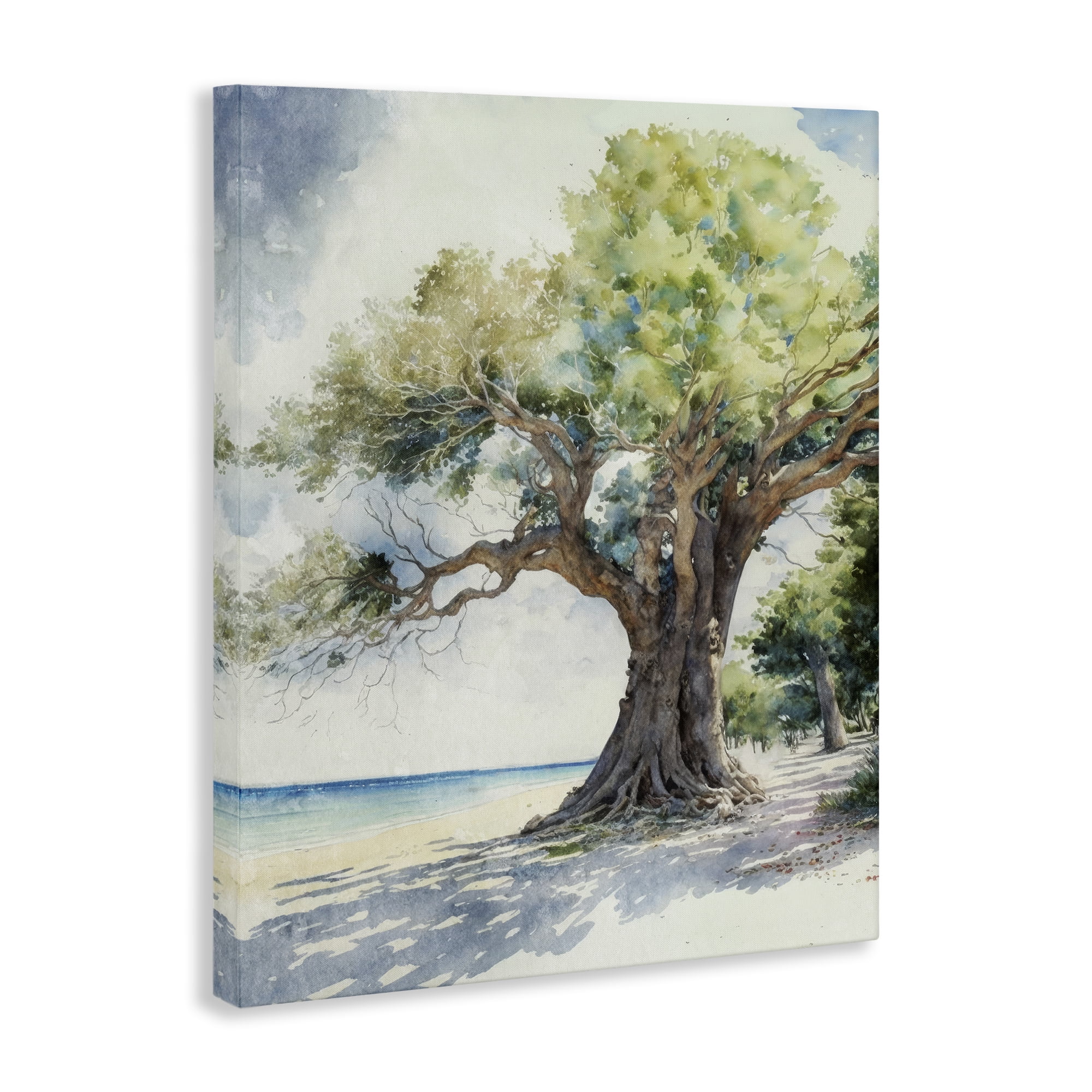 Stupell Industries Watercolor Tree on Shore Nautical & Beach Painting Wrapped Canvas Art Print Wall Art, 16 x 20