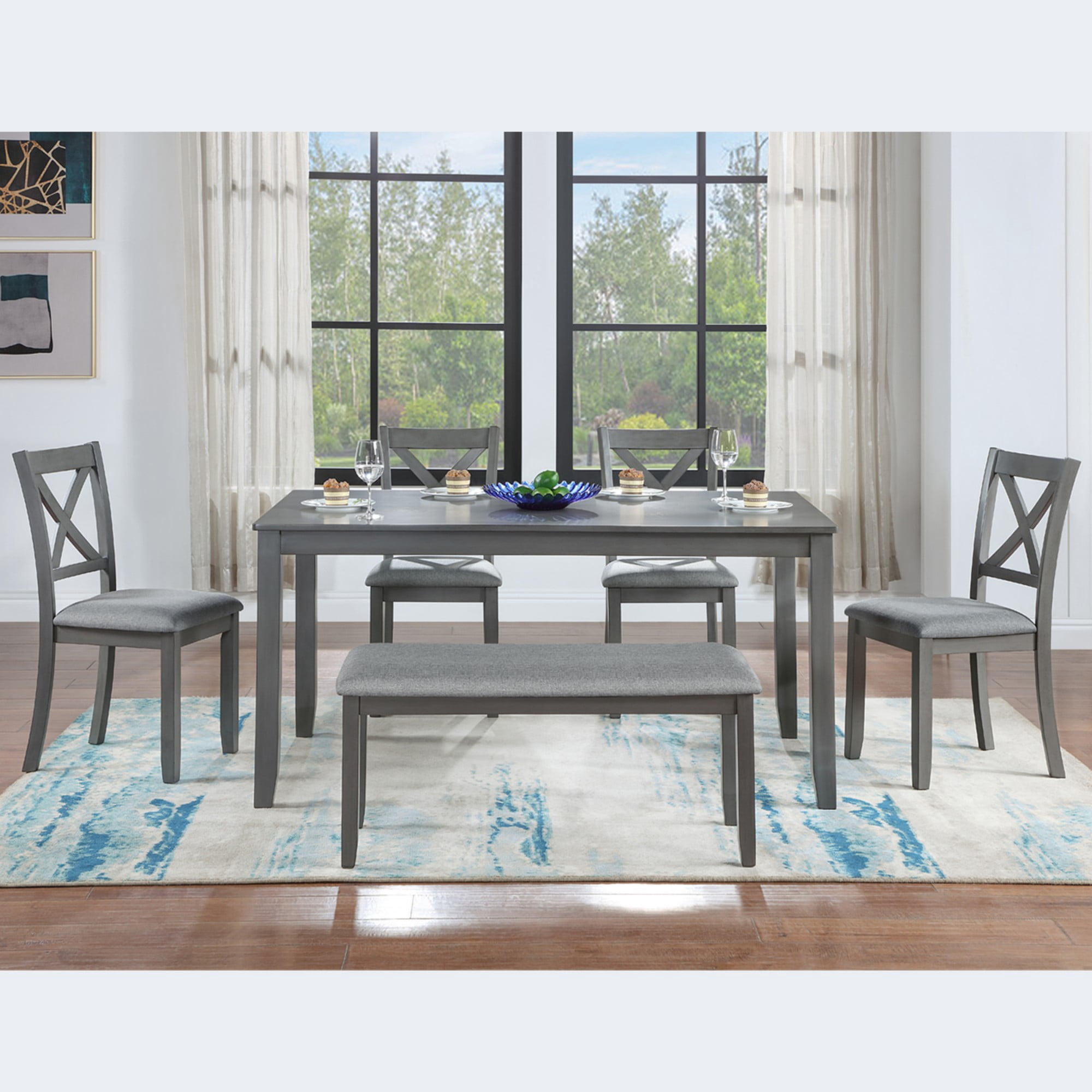 BSHTI 58.5" Acacia Wood & MDF 6-Piece Dining Table Set with X-Back Upholstered Chairs and Bench for Kitchen Dining Room(Gray)