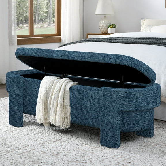 Linen Fabric Upholstered Bench with Large Storage Space for the Living Room, Entryway and Bedroom, Dark Blue
