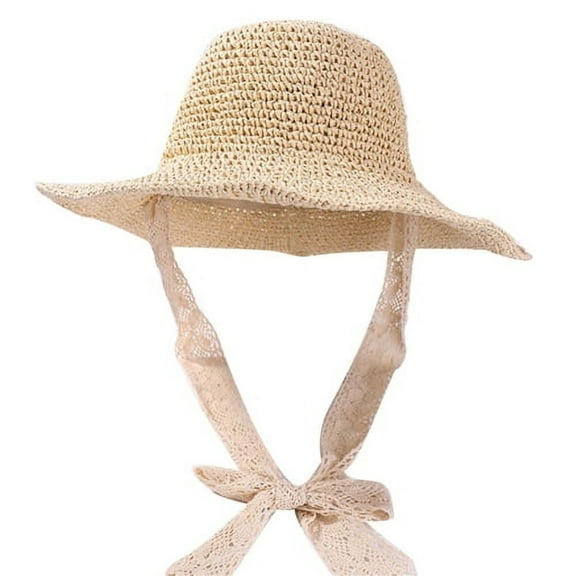 Sensestyle Beach Hats for Women, Women Foldable Crochet Knit Lace Tie Large Brim Hat Sun Sunhat Straw Hats Womens Hats Beige