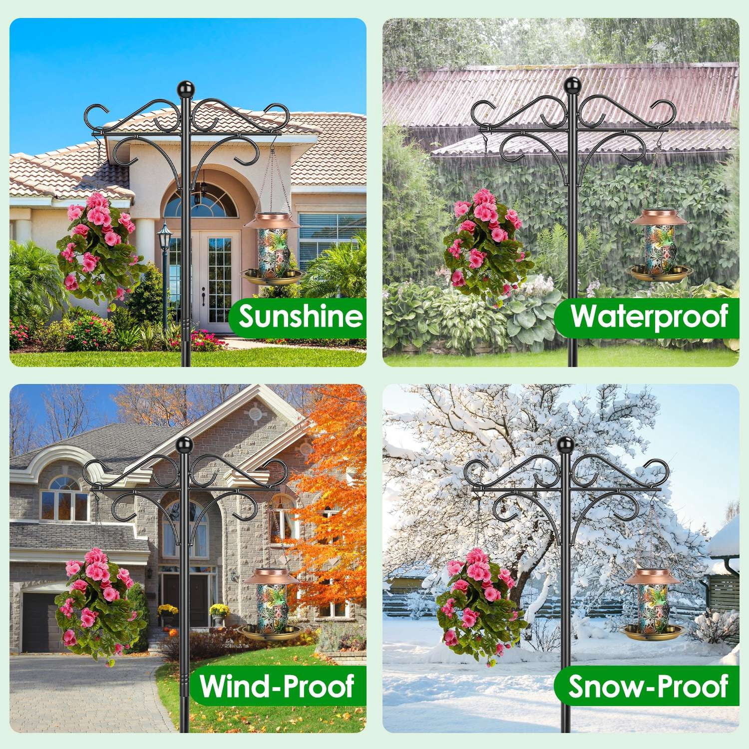 Shepherds Hook for Outdoor, 5-Prong Base Adjustable Height Garden Hook with Dual Sided Hooks, Sturdy Iron Metal Hanger for Bird Feeders, Lanterns, Flower Baskets, Wind Chimes, Patio Yard Decor