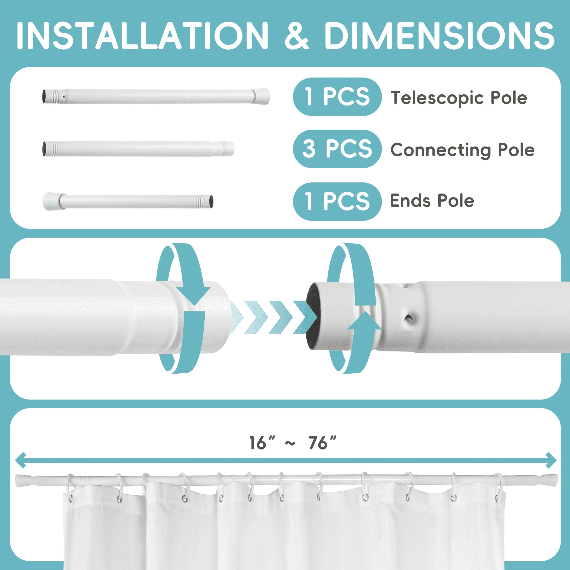 Yiannan Tension Curtain Rods 16-76 Inches,Spring Adjustable White Curtain Rod for Bathroom,Windows,Kitchen,Doorway,Cupboard Bars