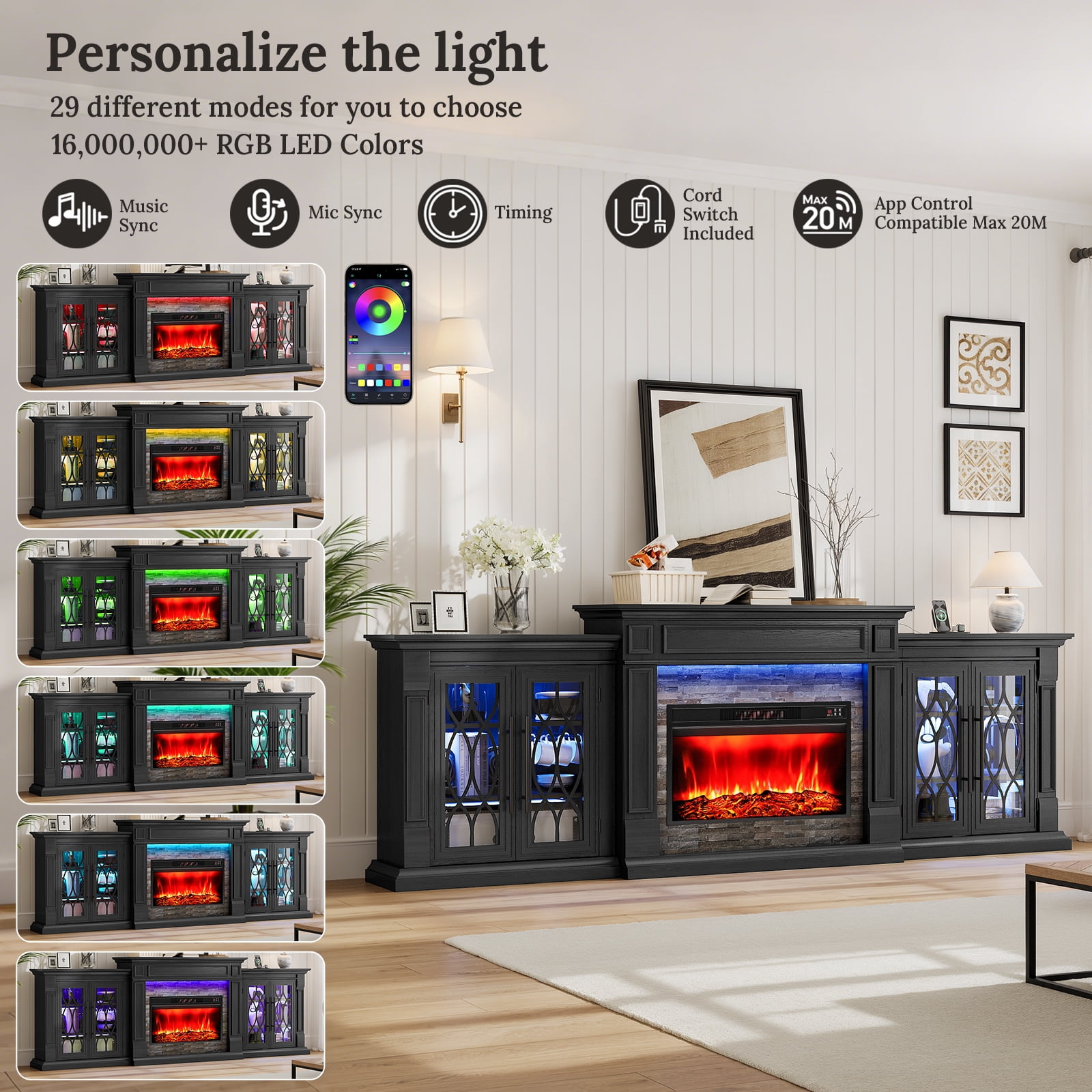 Holliwill 104" Fireplace TV Stand with 30" Electric Heater & LED Lights & Power Outlets, Modern Farmhouse Entertainment Center with Storage Cabinet for Living Room, Large Fireplace with Mantel, Black