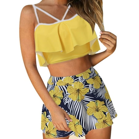 Two Piece Swimsuit For Women High Waist Ruffled Push Up Vintage Ruched Print Tankinis Set Yellow Women S Swimwear M