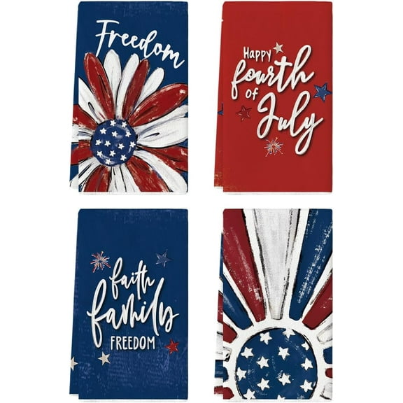 Blue Red Daisy America Patriotic 4th of July Kitchen Towels Dish Towels, 18x26 Inch Memorial Day Decoration Hand Towels Set of 4