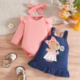 thumbnail image 3 of Huowey Girls Overalls Outfits Long Sleeve Bodysuit,Suspender Dresses,Headband 3 PC Set Bow Cartoon Fall Winter Clothes Cozy Outfit,Pink,9-12 Months, 3 of 4