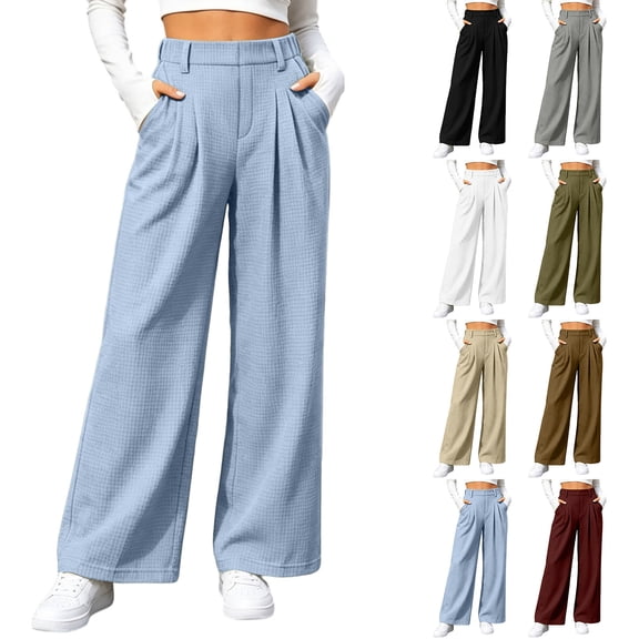 VBVC Women's Waffle Wide Leg Pants , Pleated High Waisted Trousers For Women , Ladies' Pull On Work Pants with Pockets, Blue , S-3XL