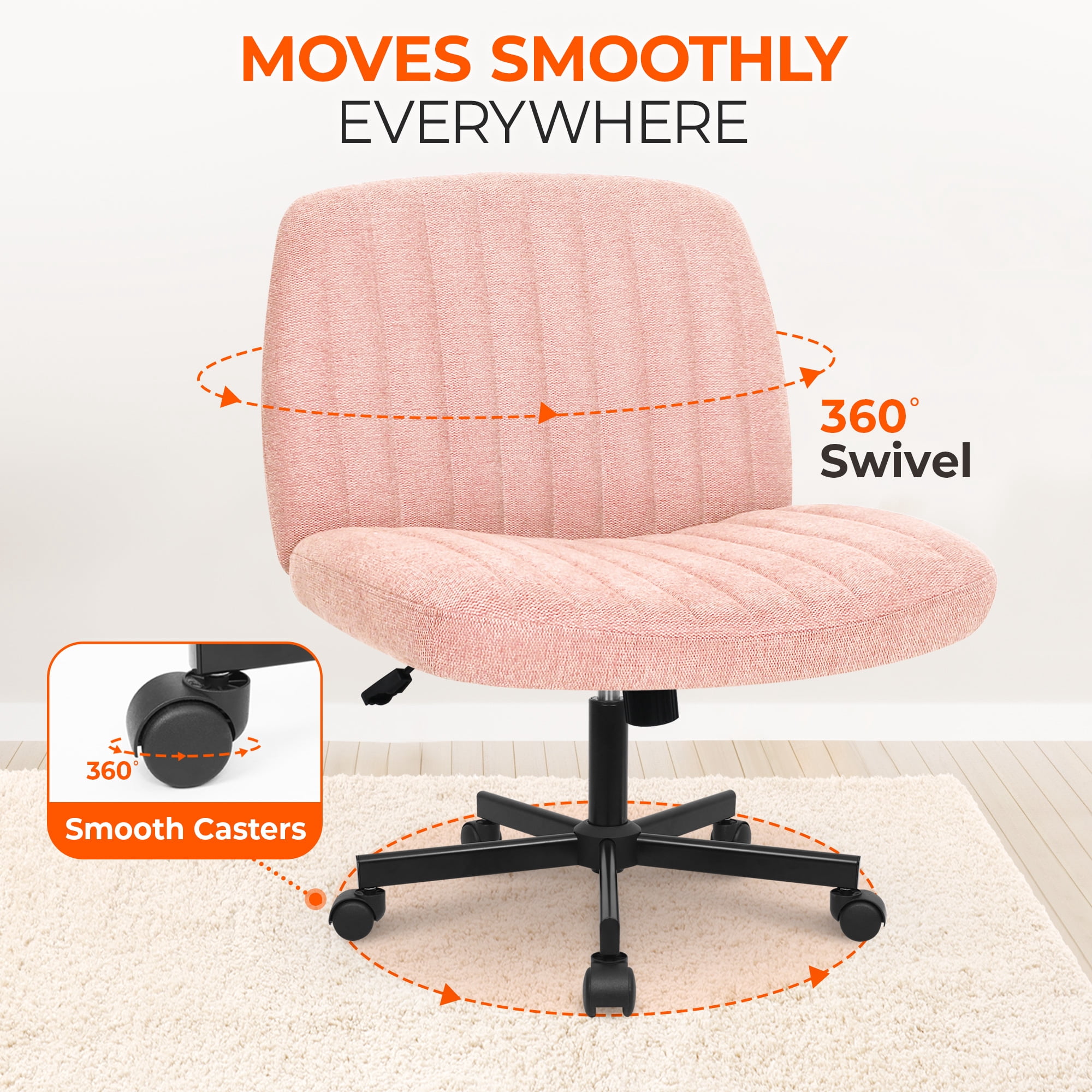 Orange Factory Criss Cross Chair Wheels Wide Cross Legged Office Desk Vanity Chair Comfy Fabric Armless Adjustable Swivel for Home Computer Task (Pink Wheel, Fabric)