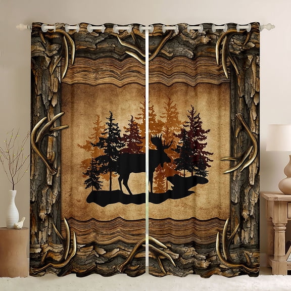 Erosebridal Brown Rustic Farmhouse Black Out Curtains, Deer Wildlife Curtains Pack of 2 (42x63 Each)