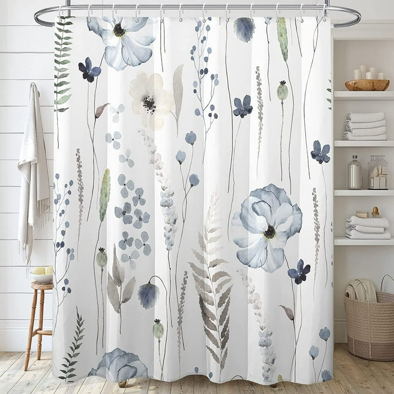 Floral Shower Curtain Set,Blue Beige Poppy Flowers Shower Curtains for  Bathroom,Watercolor Lush Botanical Waterproof Fabric Bath Curtain with 12  Hooks